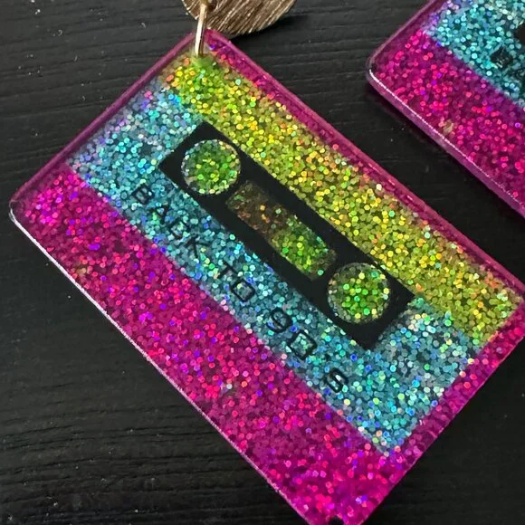 NEW Retro Glitter Cassette Tape Dangle Earrings - Picture 3 of 5